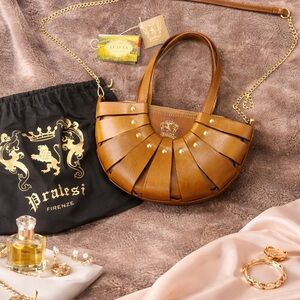 Pratesi Firenze Lucolena Half Moon Clutch Bag Cuoio Brown Leather